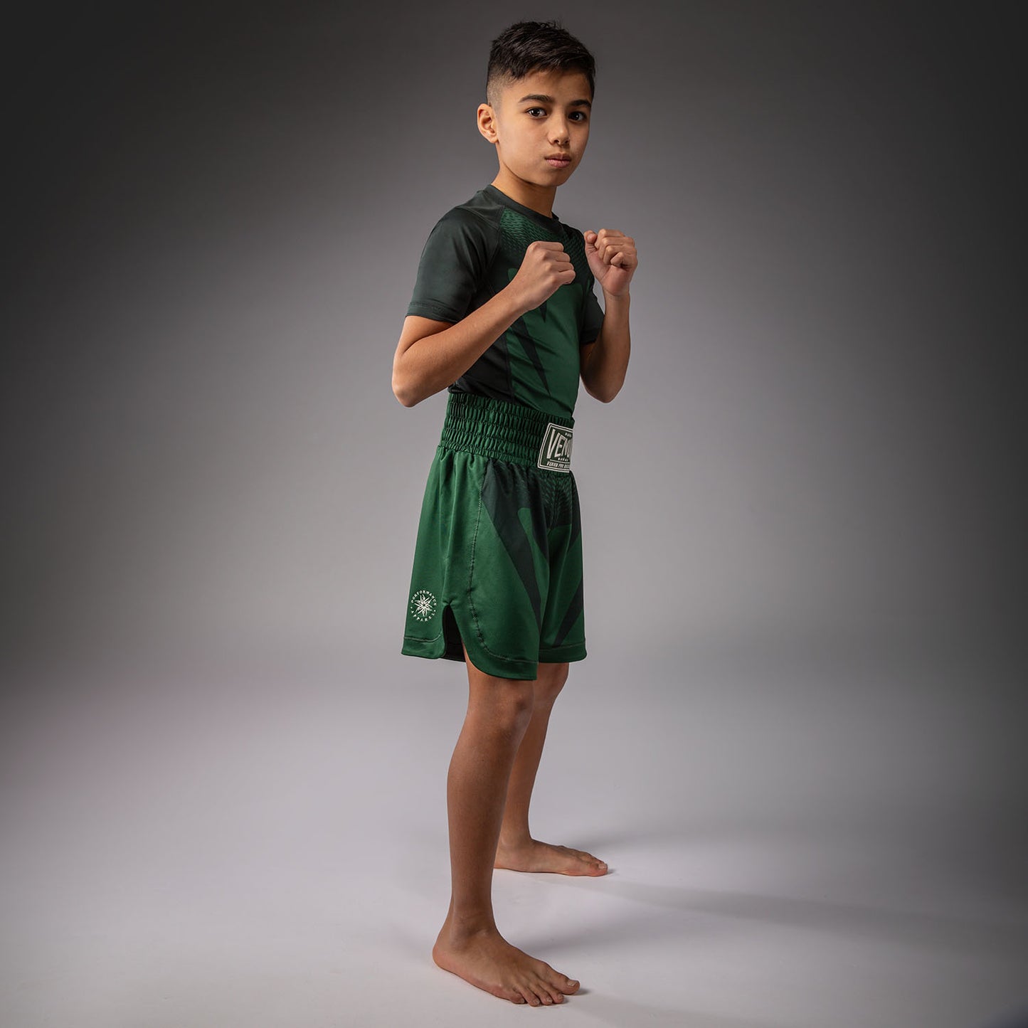 Venum Attack Kids Boxing Shorts - Forest Green/ Off White