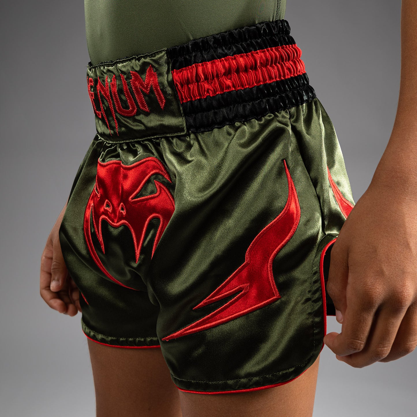 Venum Inferno Kids Muay Thai Shorts - Army Green/Orange
