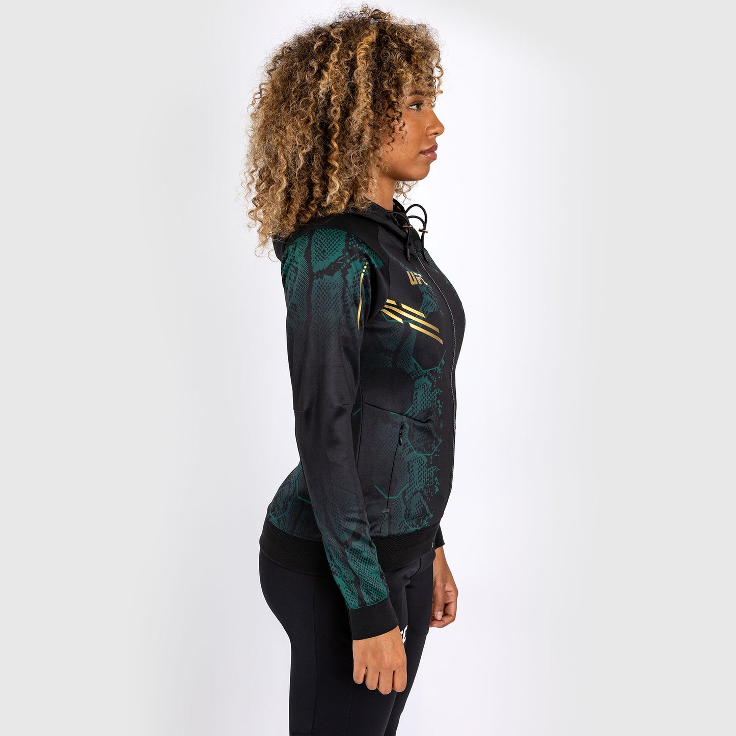 UFC Adrenaline by Venum Personalized Authentic Fight Night Women’s Walkout Hoodie - Emerald Edition - Green/Black/Gold