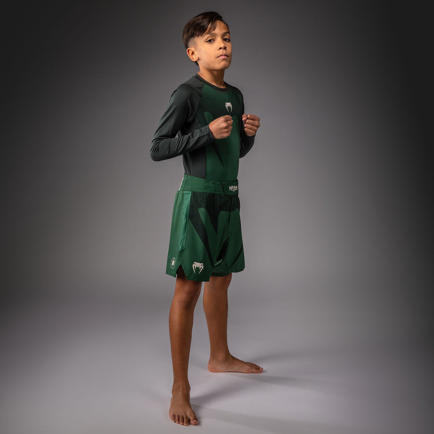 Venum Attack Kids Fightshorts - Forest Green/ Off White