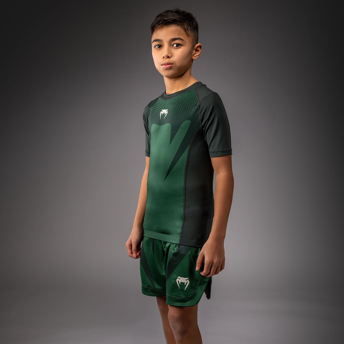 Venum Attack Kids Short Sleeve Rashguard - Forest Green/ Off White