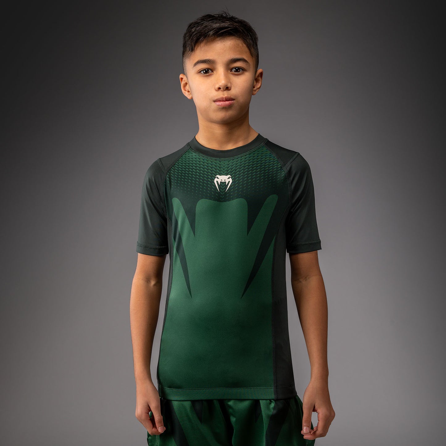 Venum Attack Kids Short Sleeve Rashguard - Forest Green/ Off White