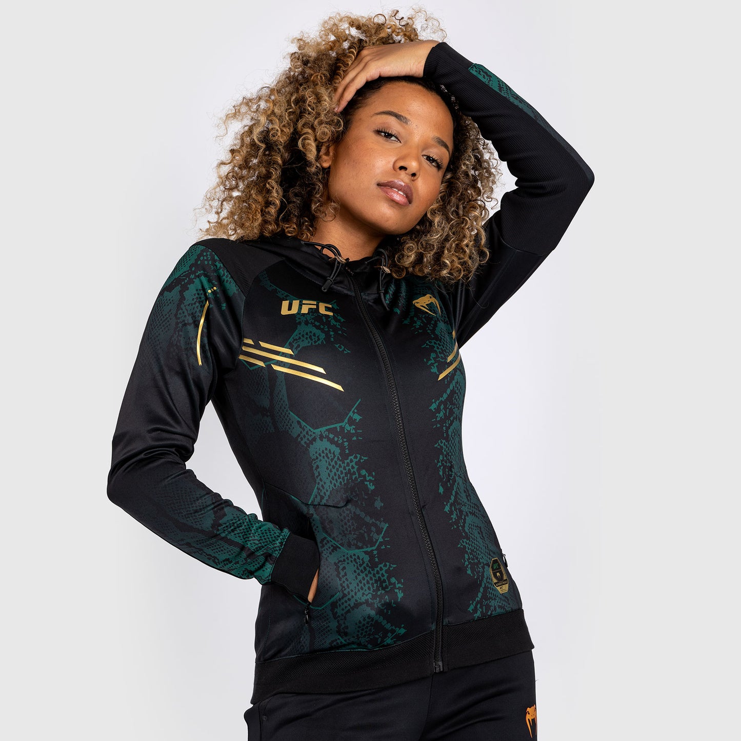 UFC Adrenaline by Venum Authentic Fight Night  Women’s Walkout Hoodie - Emerald Edition - Green/Black/Gold