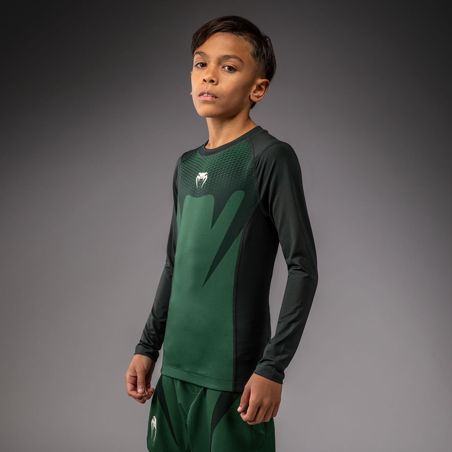 Venum Attack Kids Long Sleeve Rashguard - Forest Green/ Off White