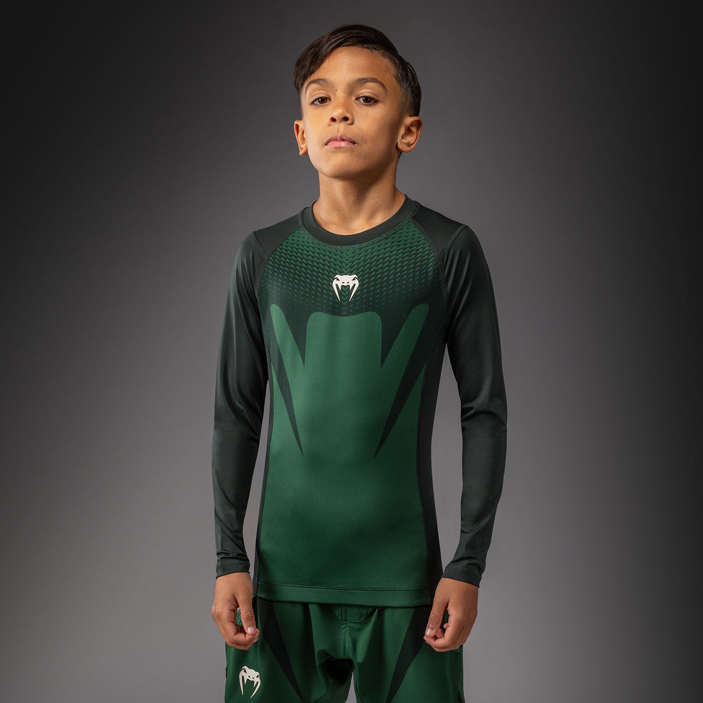 Venum Attack Kids Long Sleeve Rashguard - Forest Green/ Off White