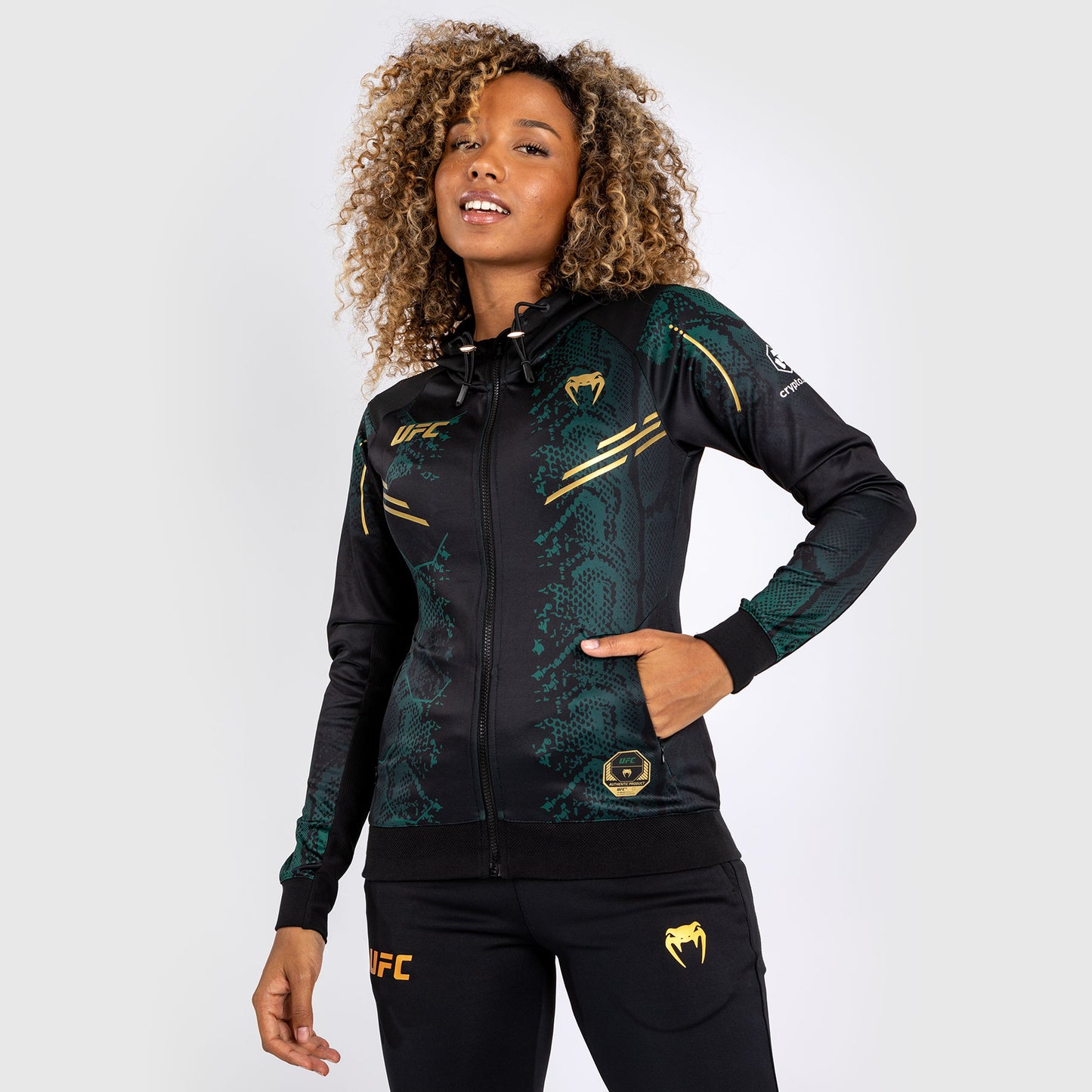 UFC Adrenaline by Venum Authentic Fight Night  Women’s Walkout Hoodie - Emerald Edition - Green/Black/Gold