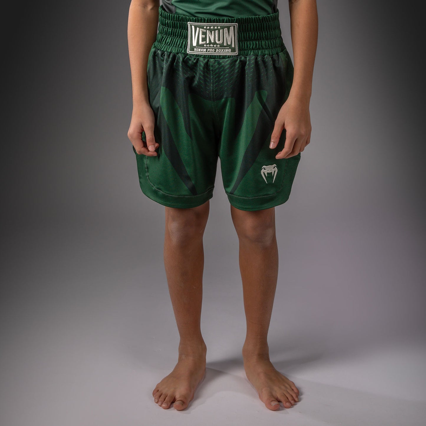 Venum Attack Kids Boxing Shorts - Forest Green/ Off White