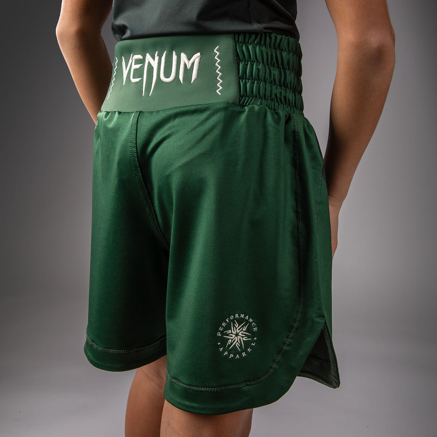 Venum Attack Kids Boxing Shorts - Forest Green/ Off White