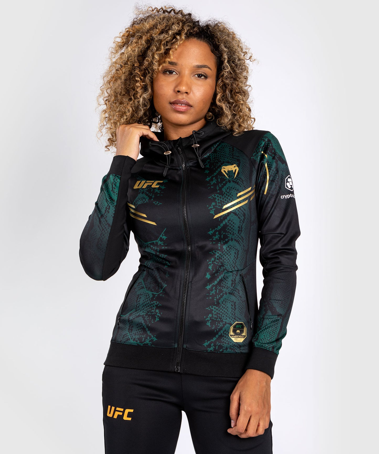 UFC Adrenaline by Venum Personalized Authentic Fight Night Women’s Walkout Hoodie  - Emerald Edition - Green/Black/Gold