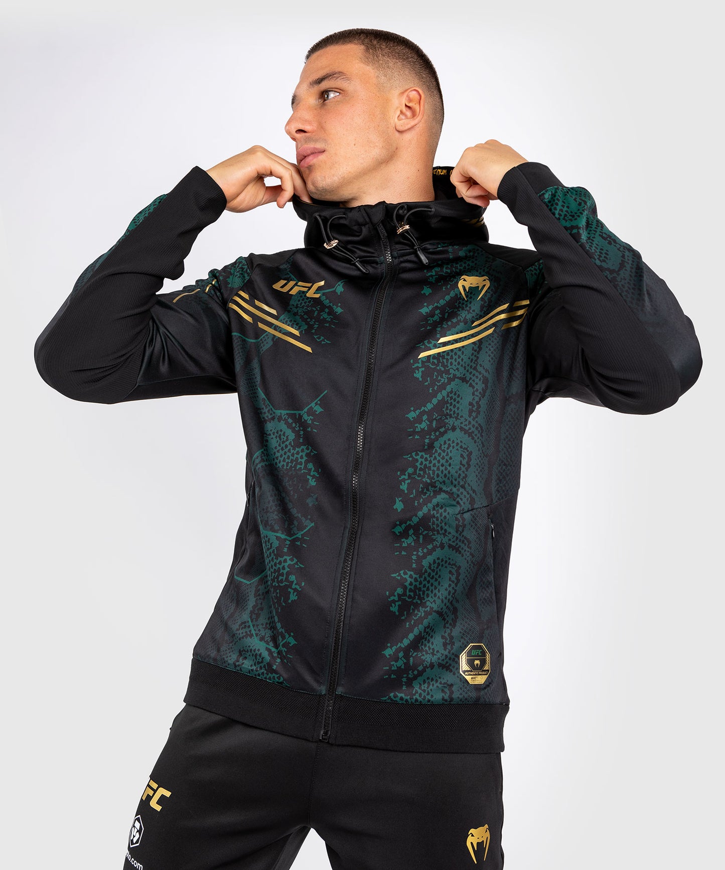 UFC Adrenaline by Venum Personalized Authentic Fight Night Men’s Walkout Hoodie - Emerald Edition - Green/Black/Gold