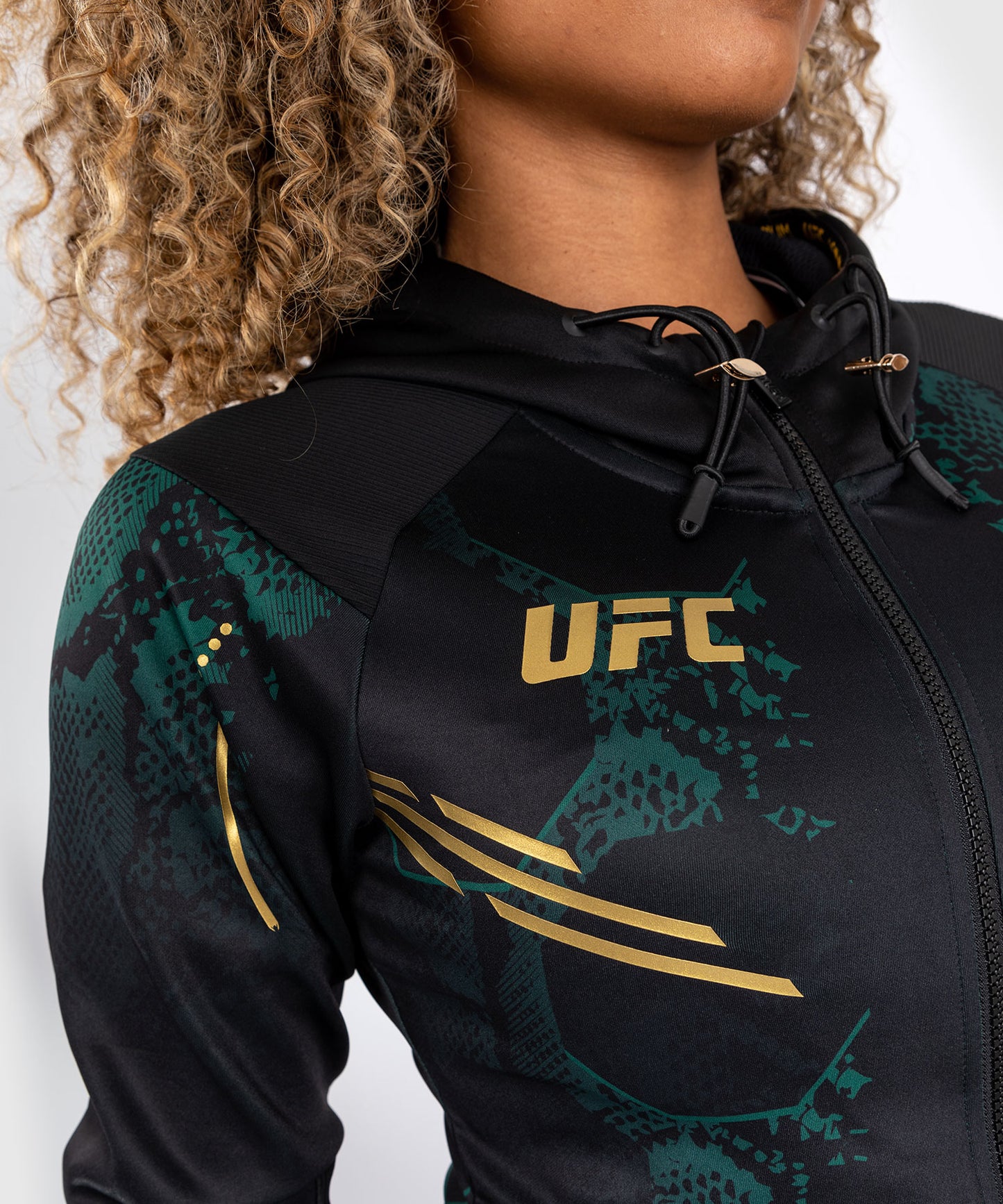 UFC Adrenaline by Venum Personalized Authentic Fight Night Women’s Walkout Hoodie  - Emerald Edition - Green/Black/Gold