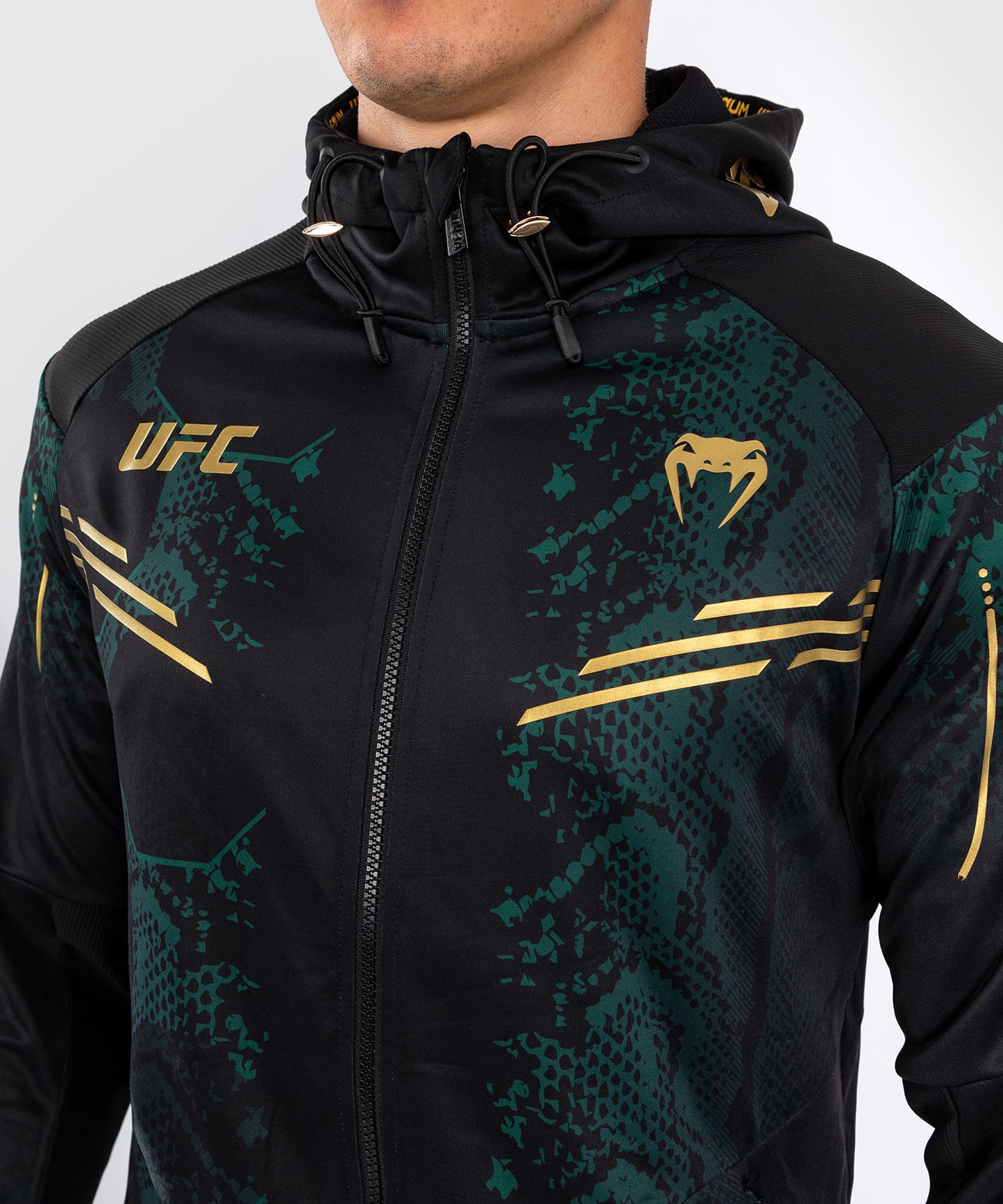 UFC Adrenaline by Venum Personalized Authentic Fight Night Men’s Walkout Hoodie - Emerald Edition - Green/Black/Gold